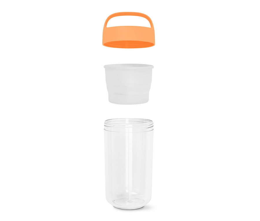 Ein zerlegter, großer To-Go-Behälter mit Henkel, mit einem orangefarbenen Deckel, einem weißen Inneren und einem transparenten Äußeren.