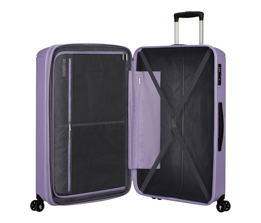 Geöffneter lavendelfarbener American Tourister Hartschalen-Koffer "Sunside Spinner", 77/28.