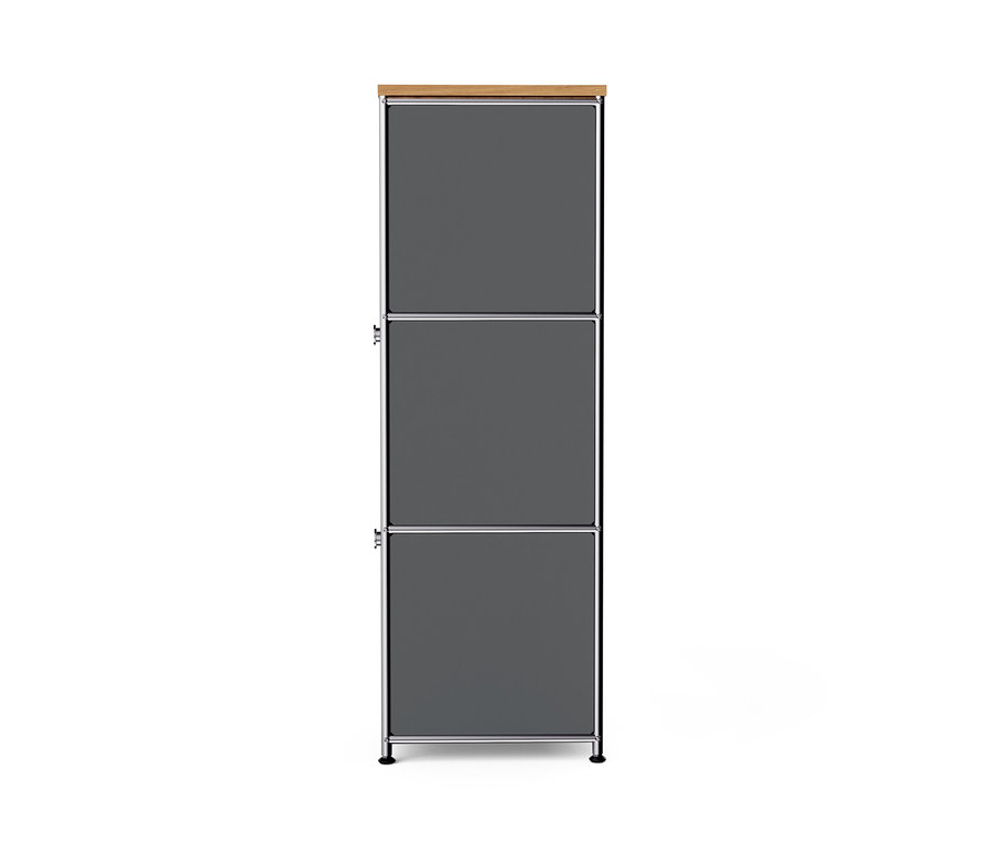 Schmale graue Kommode Metall »CN3« mit Holzplatte und 2 Klappenfächern.