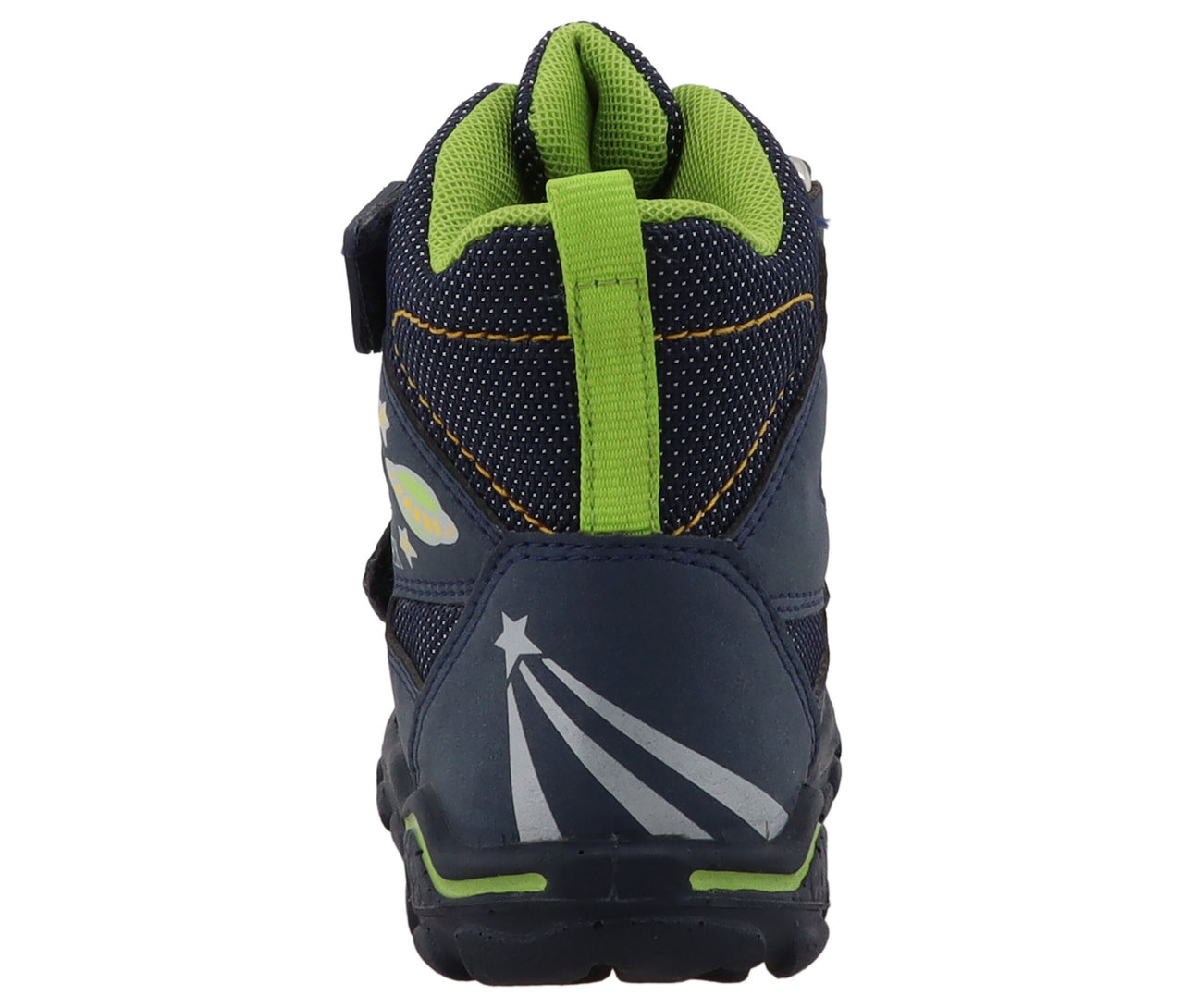 Detail der Rückseite eines marineblauen LURCHI »Kojo-TEX« Schuhs mit lindgrünen Akzenten.