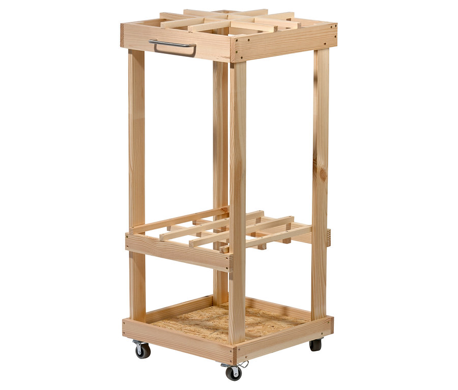 Quadratischer Holzrollwagen mit vier Rädern.