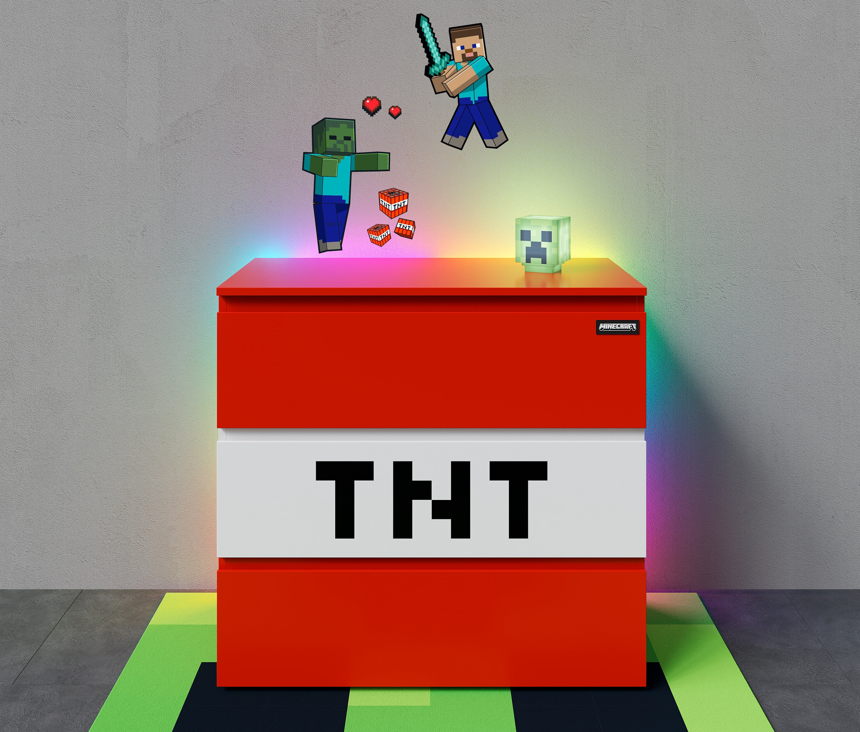 roba Minecraft Kommode mit MINECRAFT LED Dekoleuchte, Creeper und 6 MINECRAFT Wandtattoos.
