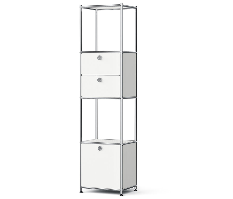 Ein weißes Aufbewahrungsregal mit zwei Schubladen und einem offenen Regal.