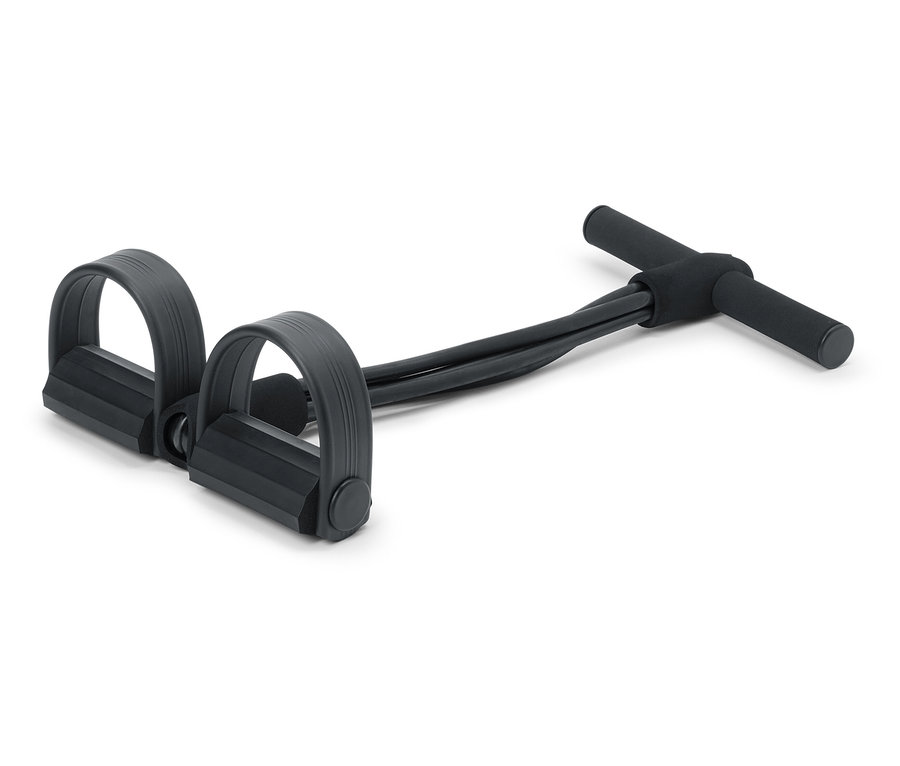 Schwarzer Expander mit Griff und zwei Fußschlaufen.