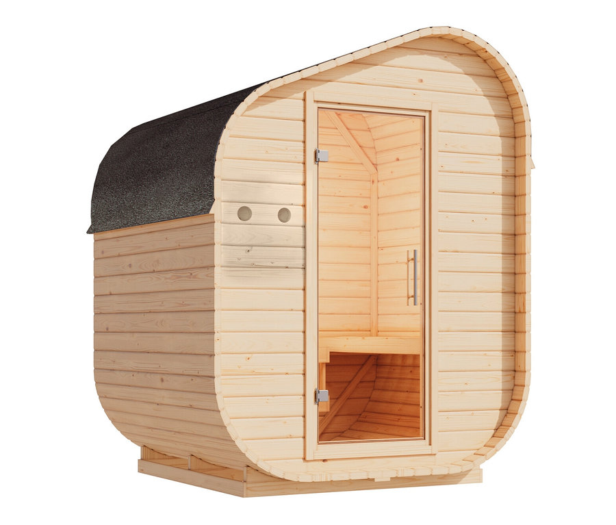 Karibu Würfelsaunahaus 1, asymmetrisch, mit Glastür.