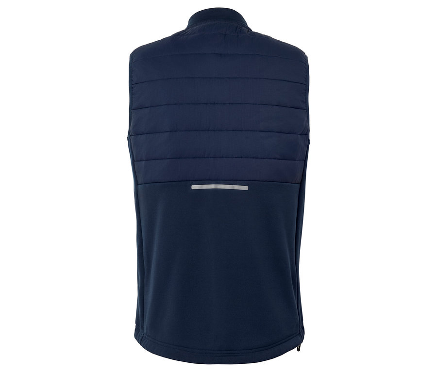 Rückansicht einer dunkelblauen Steppweste mit Reflexstreifen.