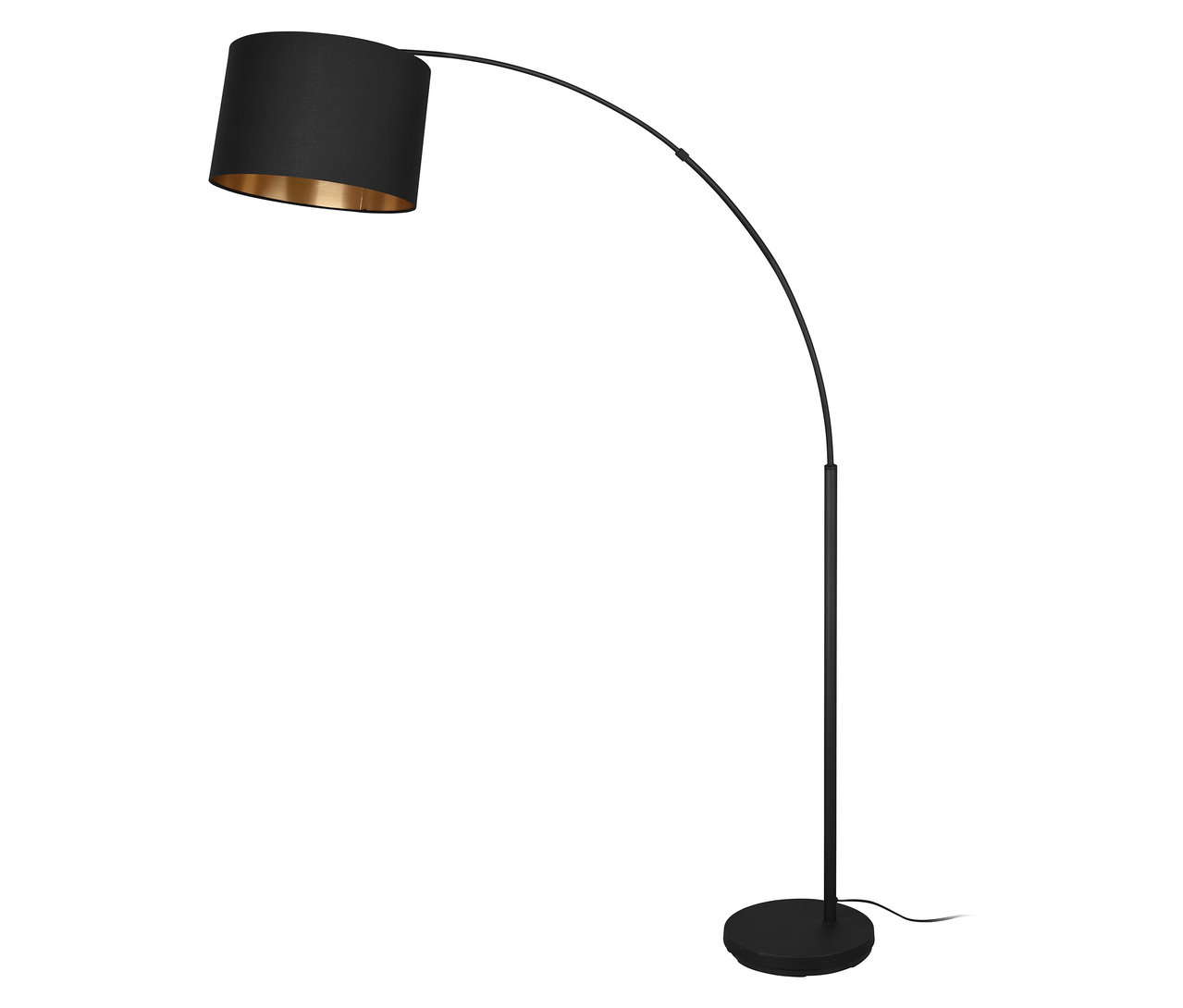 Eine schwarze Trio Stehleuchte »Bolivia« Bogenlampe mit zylindrischem Lampenschirm und goldenem Inneren.