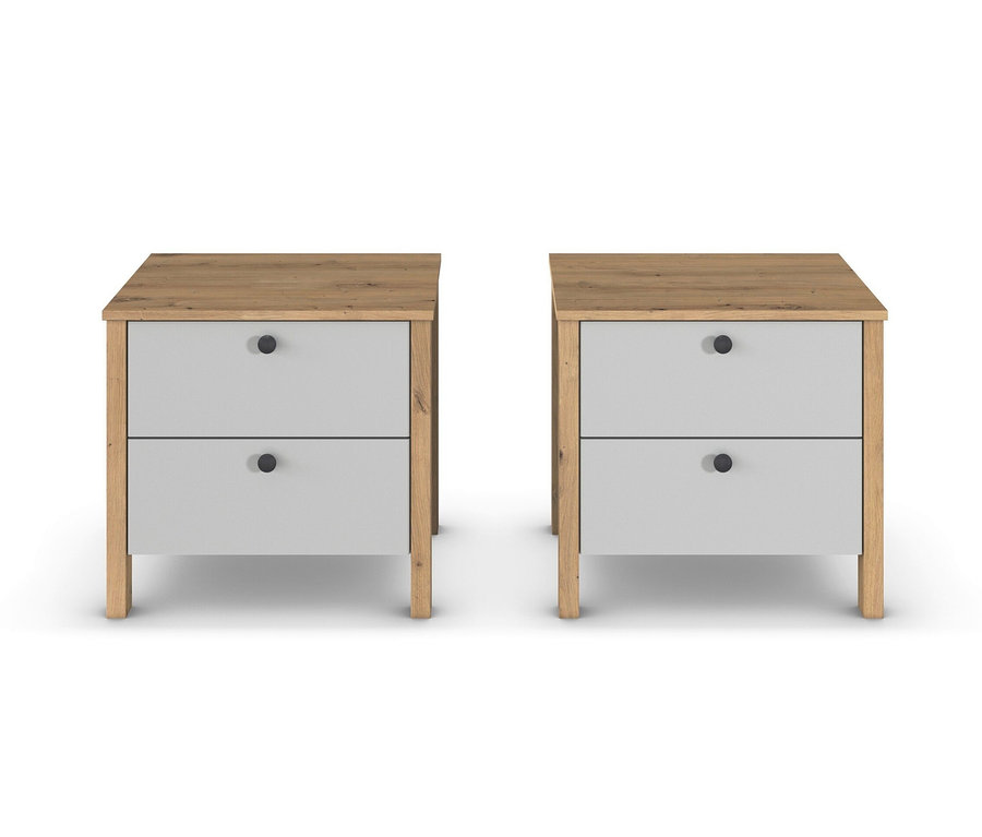 Zwei rauch »Credo« Nachttische, seidengrau, stehen nebeneinander.