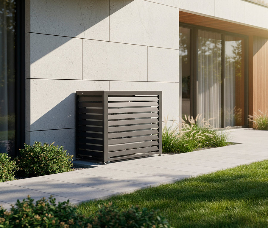 Eine graue Lamellenverkleidung steht an einer Hauswand.
