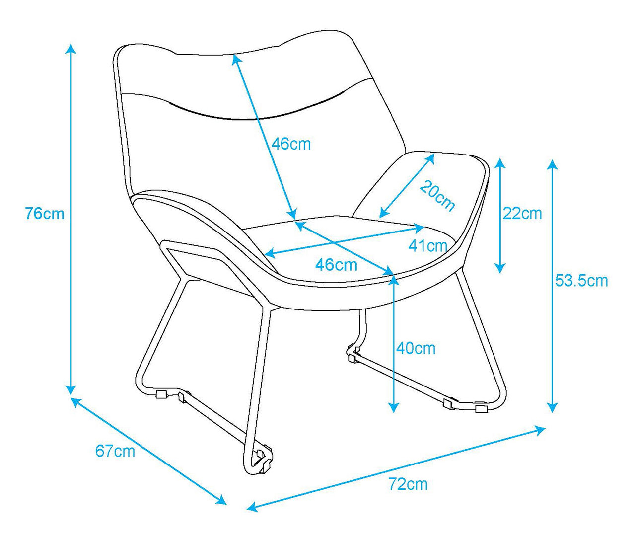 Linienzeichnung eines Sessels »Aliano« von DeVries mit Maßangaben.