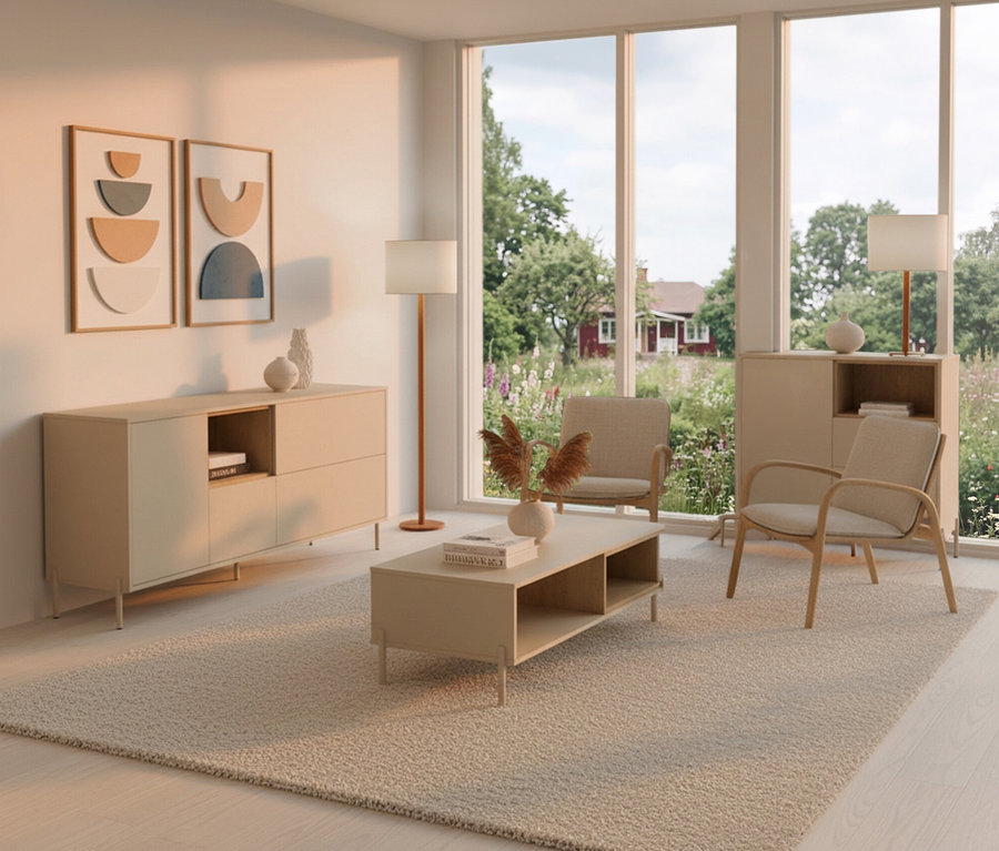 Wohnzimmer mit zwei Stühlen, Kommode, Stehlampe und dem cashmere-weißen Couchtisch »Hygge« auf einem Teppich.