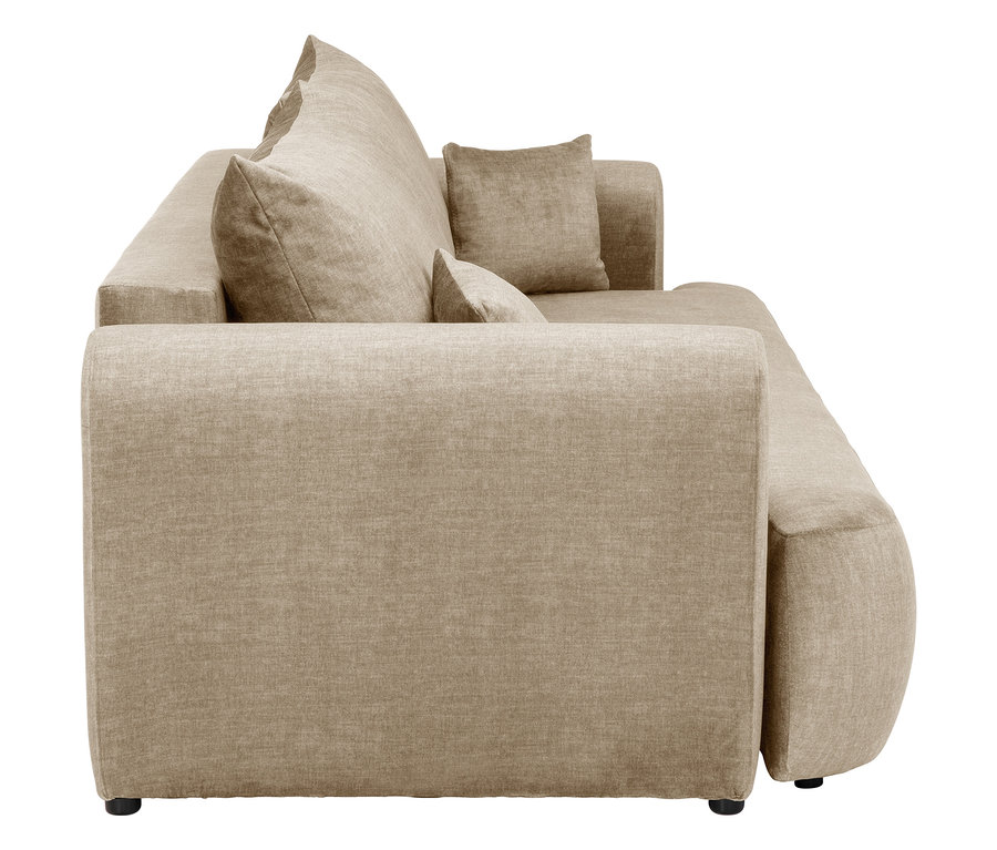 Nahaufnahme eines beigen Sofas mit Kissen.