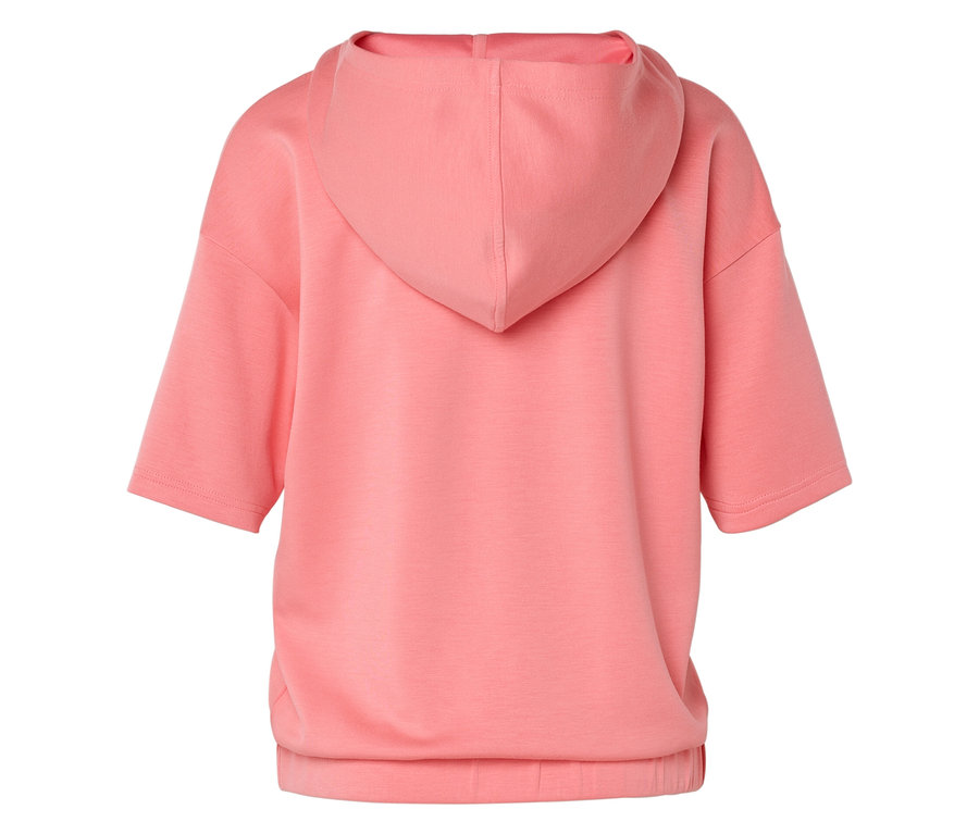 Rückansicht eines lachsfarbenen Kapuzenpullovers mit kurzen Ärmeln.