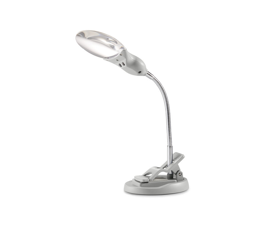 Silberfarbene Arbeitslupe mit LED-Beleuchtung.
