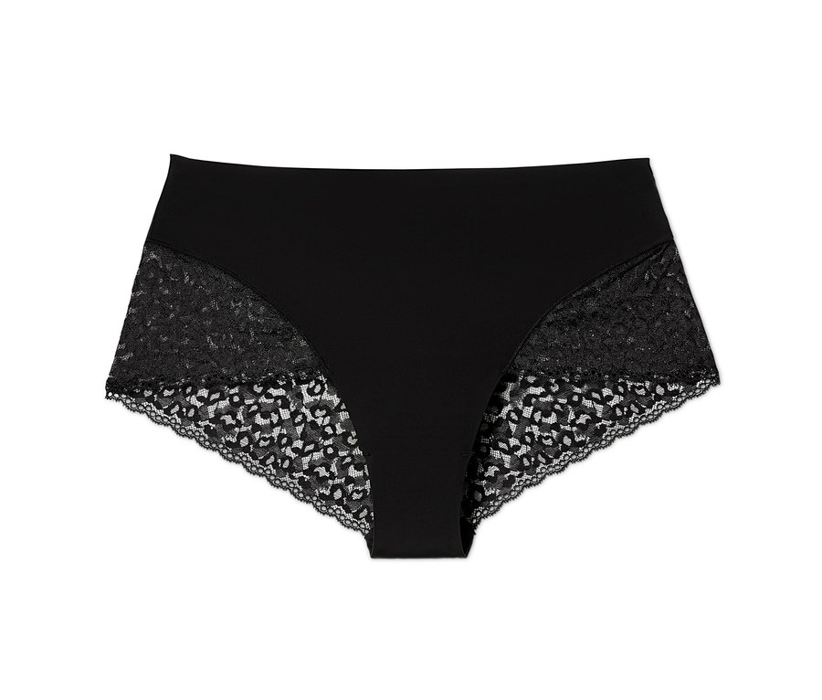 Schwarze Spitzen-Panty auf weißem Hintergrund.