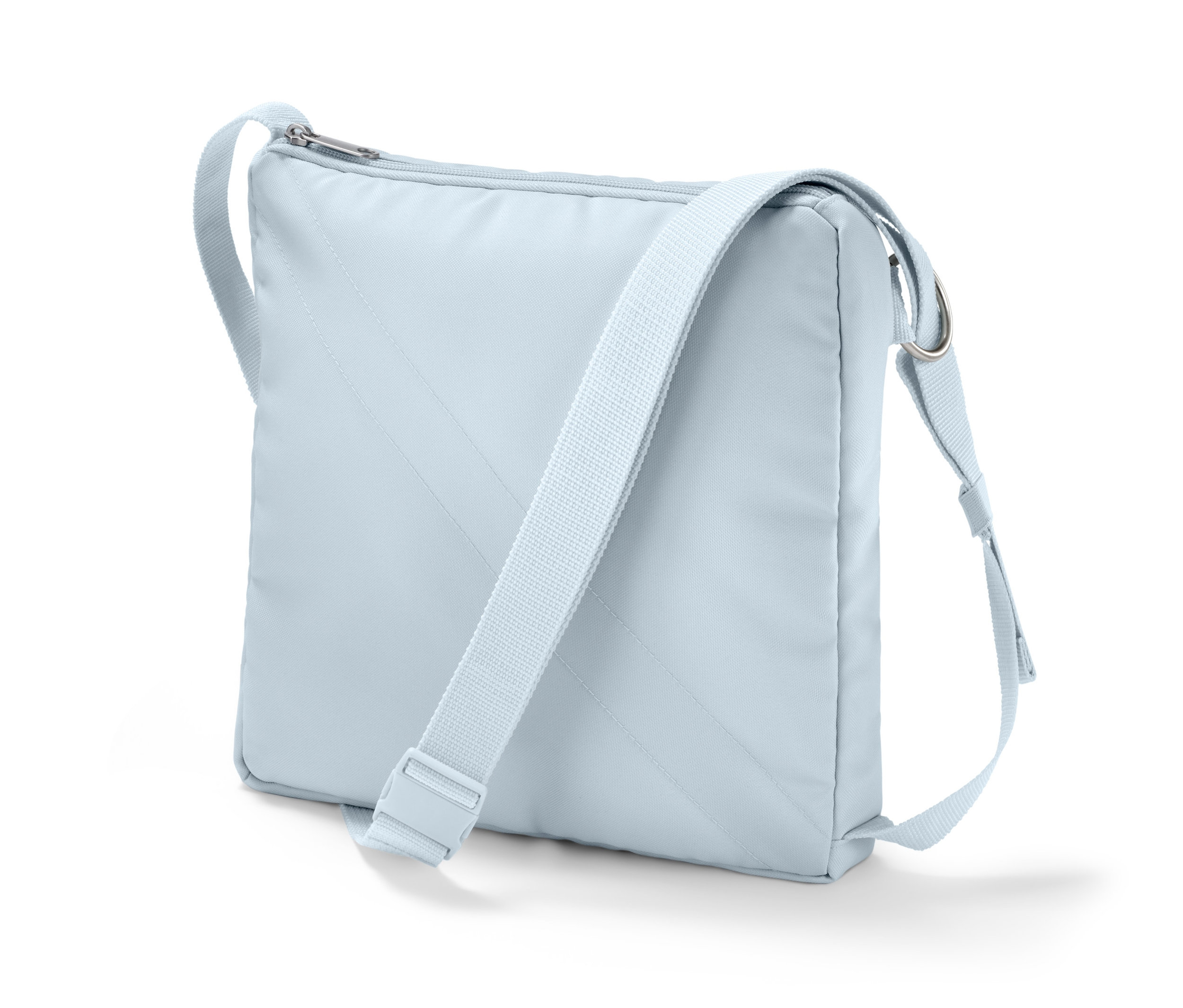 Hellblaue 2-in-1-Umhängetasche mit silbernem Reißverschluss.