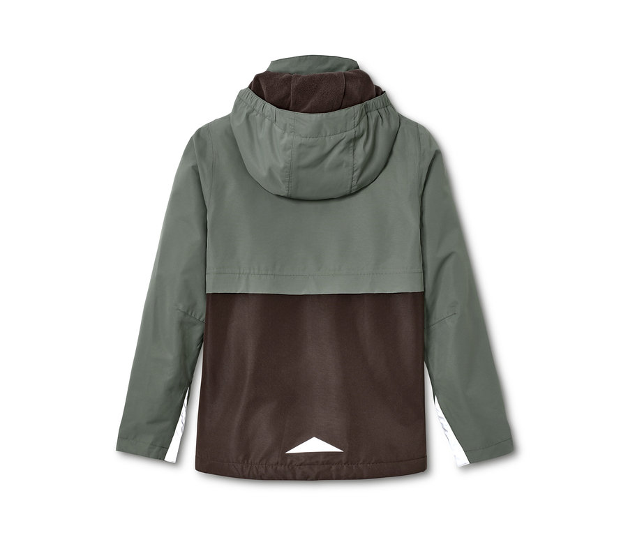 Detailansicht der Rückseite einer Allwetterjacke, die oben graugrün und unten braun ist.