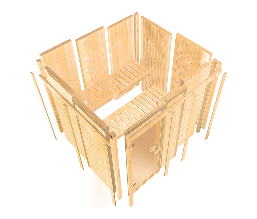 Im Aufbau befindliche Karibu Sauna »Rachel 2« im Set mit 9-kW-Ofen und finnischer Steuerung.
