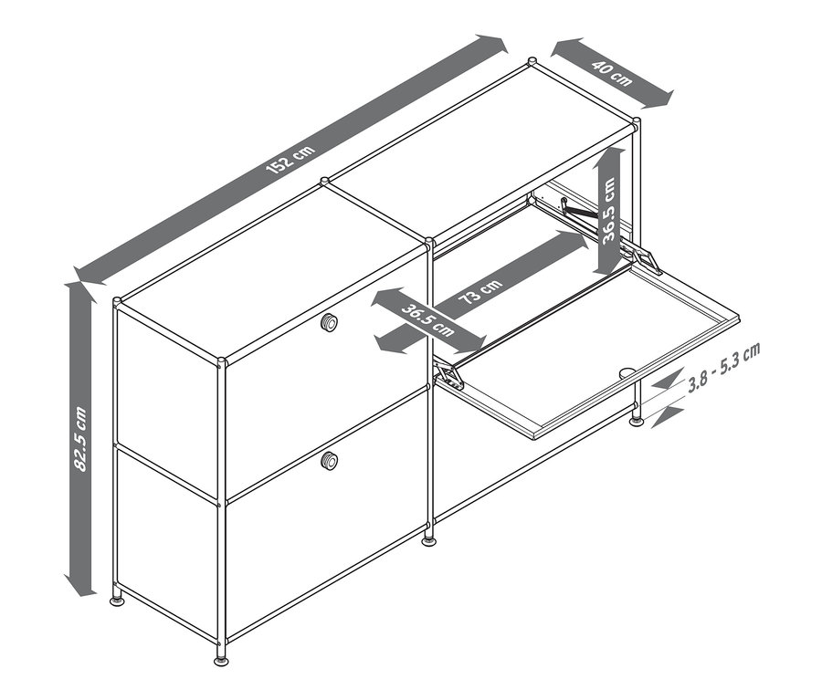 Skizze eines Sideboards Metall »CN3« mit 4 Klappenfächern und Maßangaben.