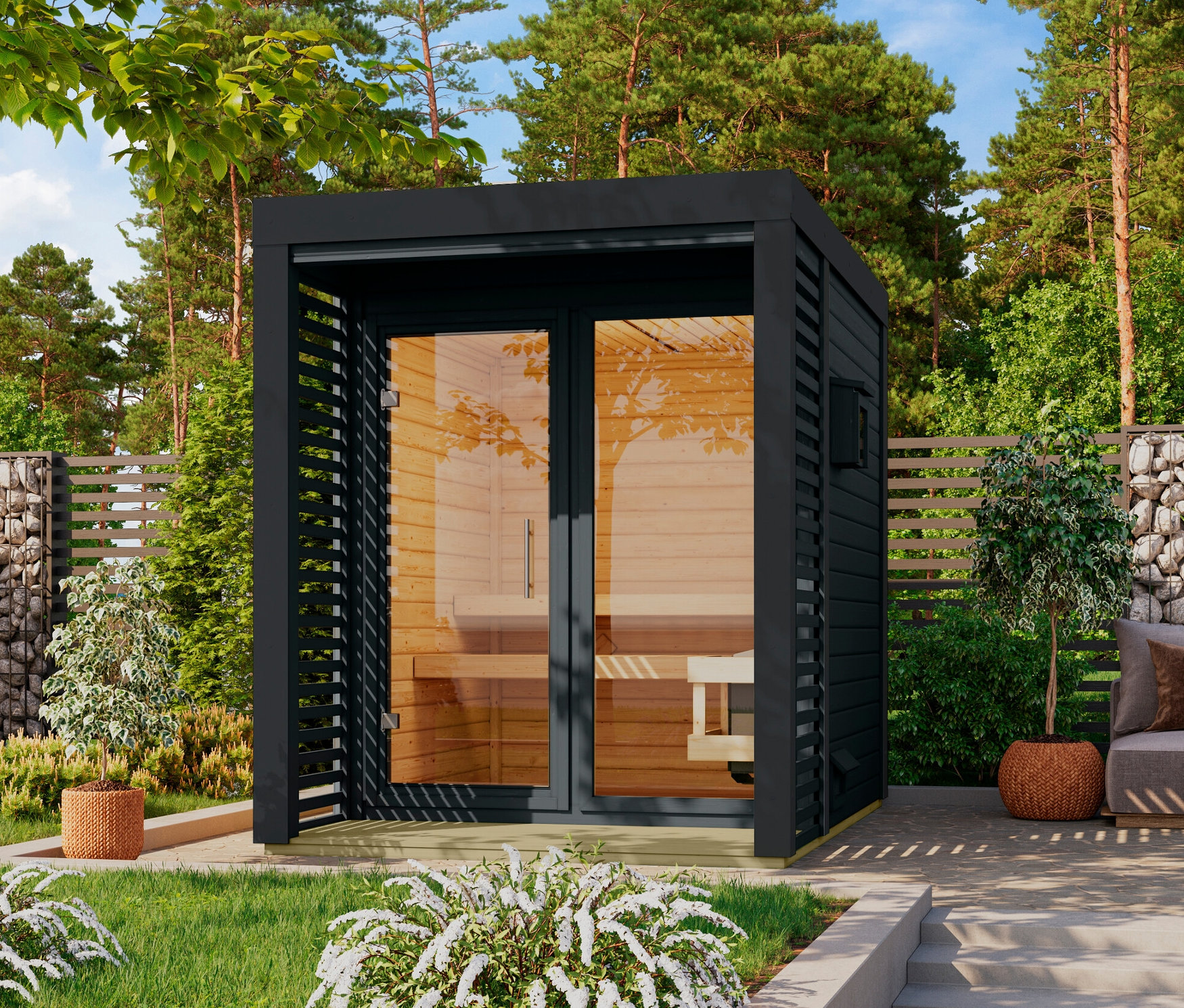 Im Garten steht ein anthrazitfarbenes Karibu Saunahaus »Alice 1«.
