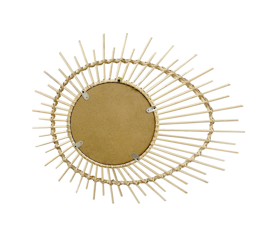 Rückseite des Kayoom Rattan-Spiegels „Aina“ 125 mit hellem Rattanrahmen und Befestigungselementen.