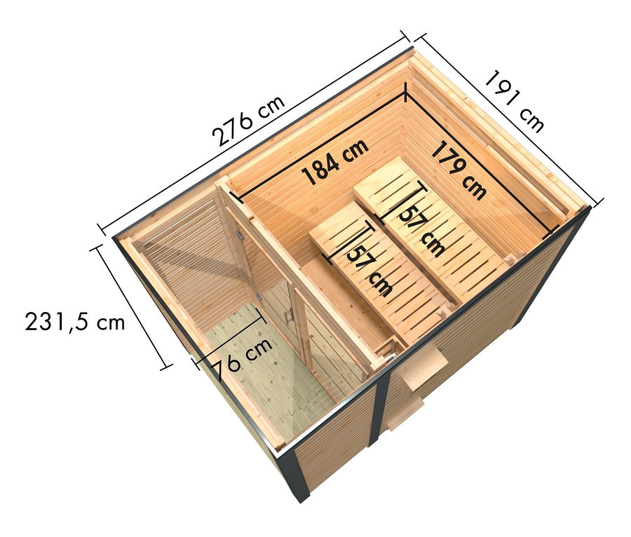 Draufsicht des Karibu Saunahauses »Alice 1« mit Abmessungen.