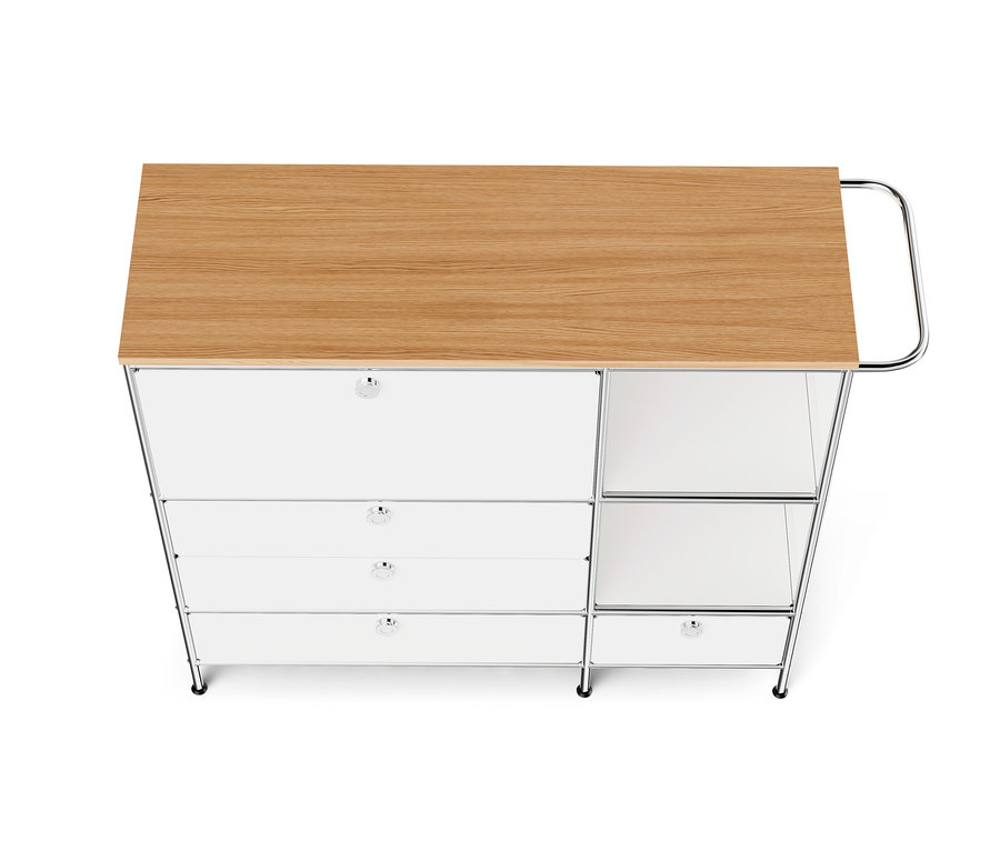 Weißes Sideboard Metall »CN3« mit Holzplatte, einem Klappenfach und vier Schubladen.