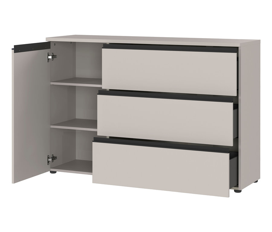 Beige Kommode »Sennan« mit offenem Schrankfach und drei Schubladen.