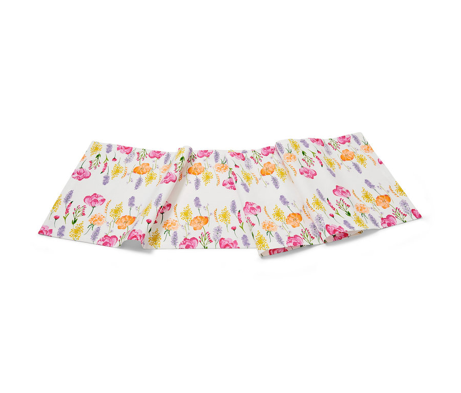 Tischläufer, weiß mit floralem Print.