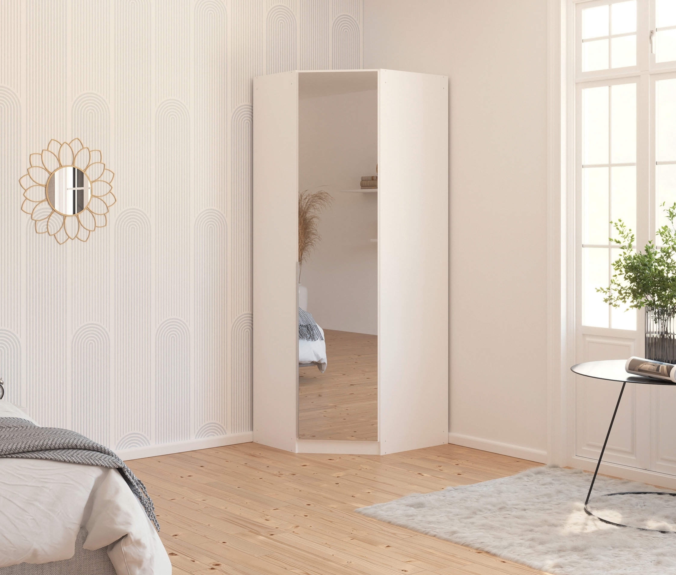 Schlafzimmer mit Eckschrank »Memphis« mit Spiegeln, Bett und rundem Spiegel.