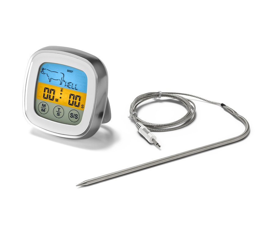 Digitales Braten-Thermometer mit Display, Sonde und Kabel.