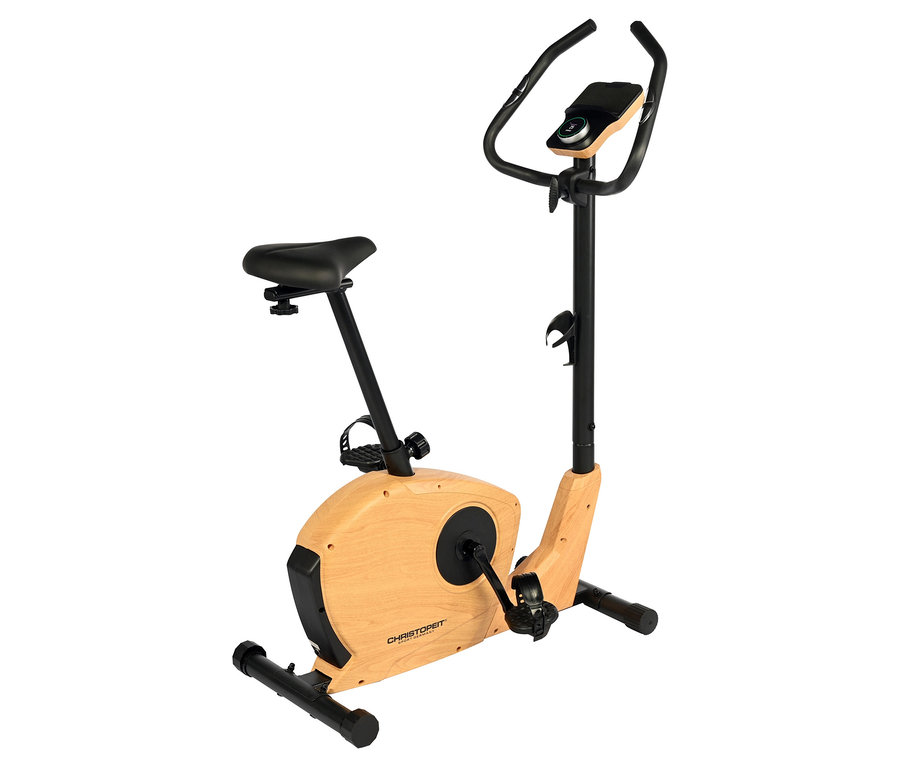 Standfahrrad mit hellem Holzimitation-Rahmen und schwarzen Details.