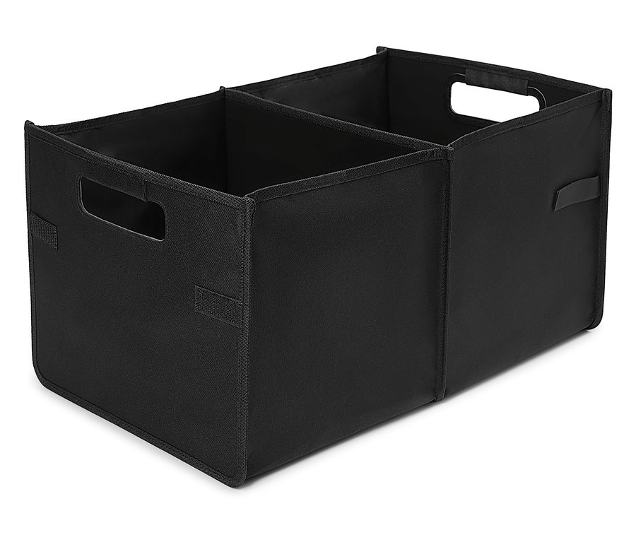 Schwarzer Stoff-Organizer mit zwei Fächern und Griffen.