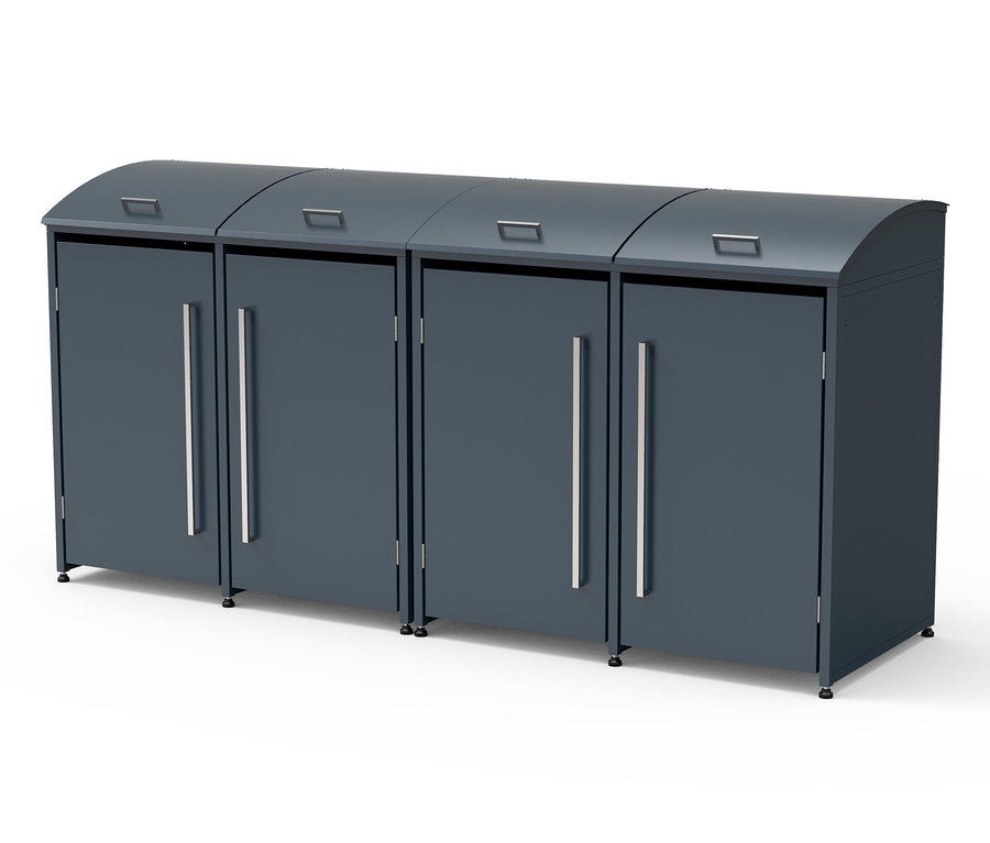 Vier blaue Mülltonnenboxen in einer Reihe.