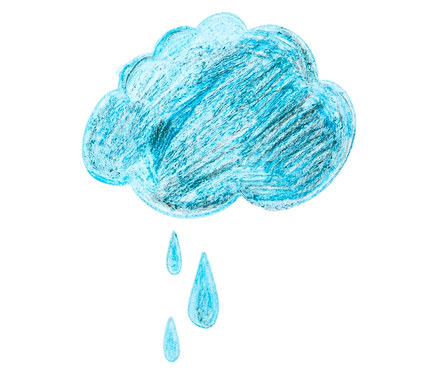 Eine mit 6 Konfetti-Wachsstiften gezeichnete blaue Wolke mit Regentropfen.