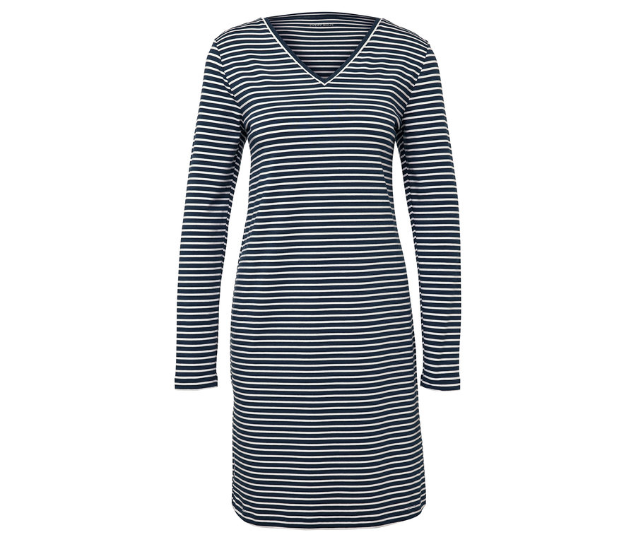 Blau-weiß gestreiftes, langärmeliges Kleid mit V-Ausschnitt.
