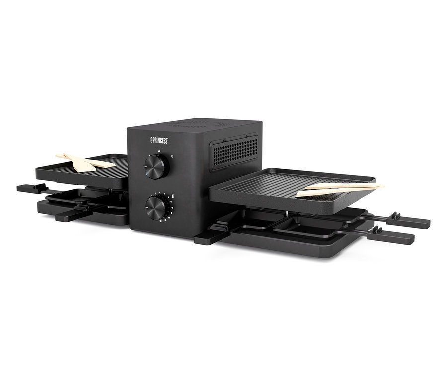 Schwarzer Raclette mit Abzug und acht kleinen Pfännchen.