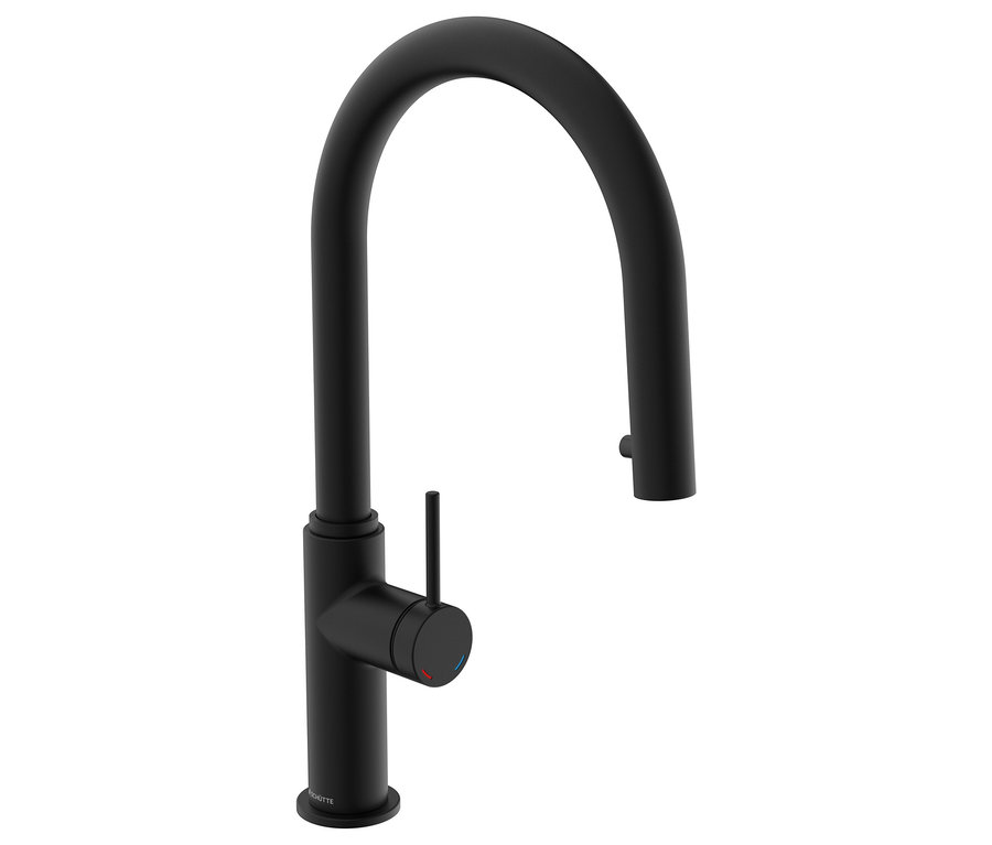 Schwarze Küchenarmatur mit gebogenem Auslauf und Einhebelmischer.