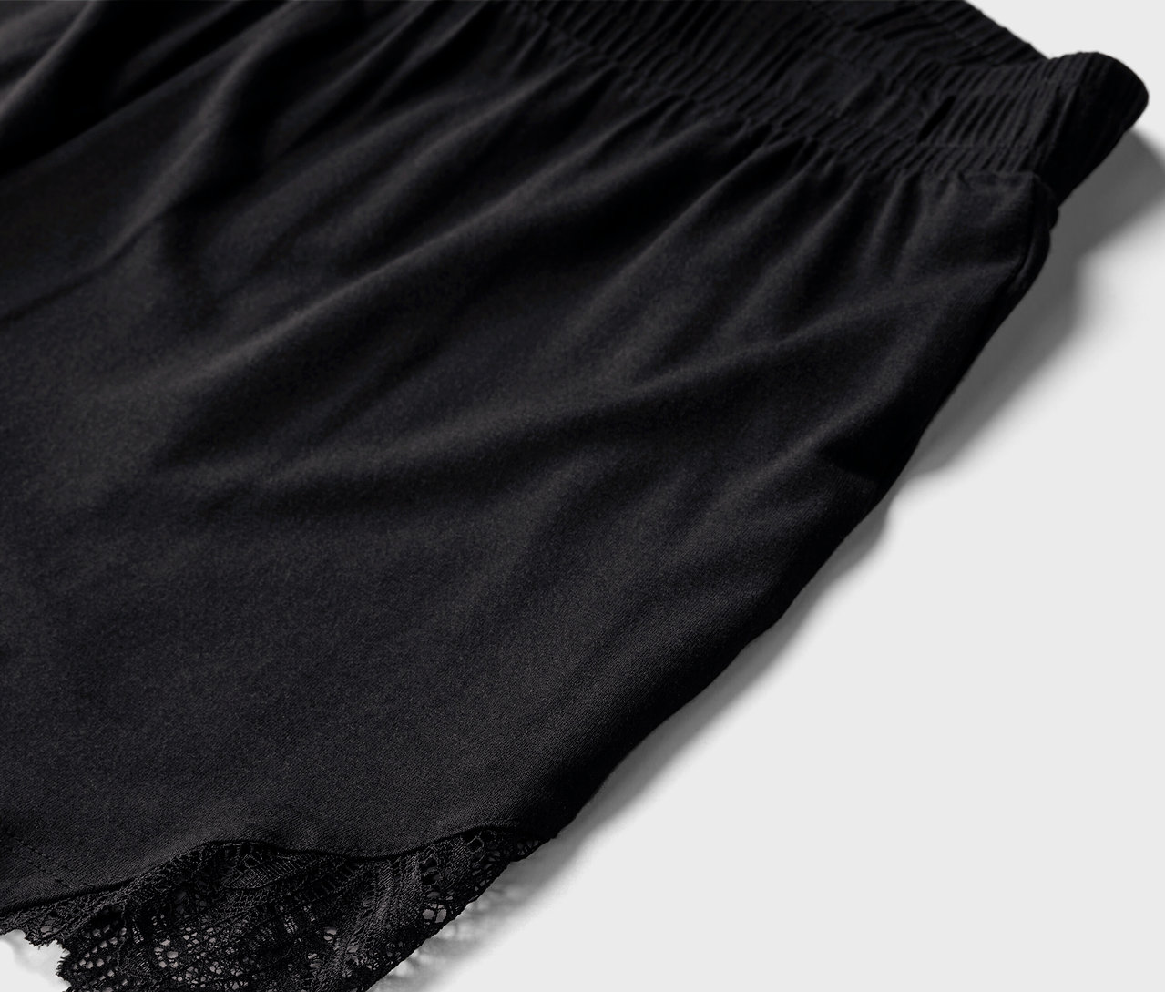 Detailansicht einer schwarzen Shorty-Pyjama mit Spitze.