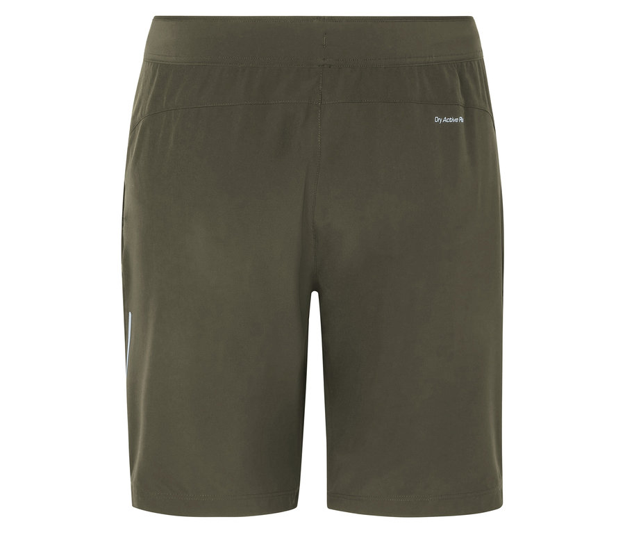 Detailansicht der Rückseite einer olivgrünen Trainingsshorts.