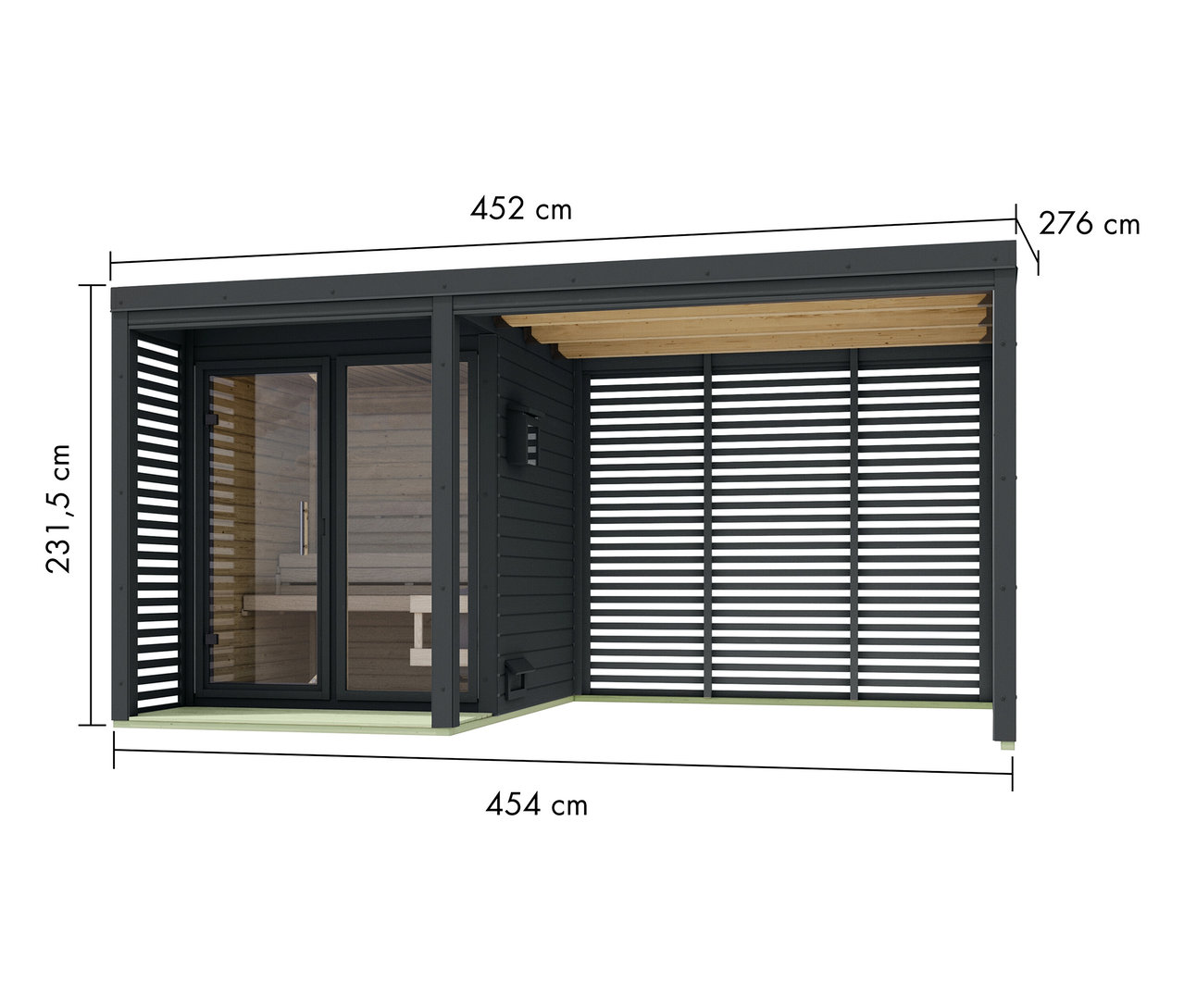 Die Abmessungen der Außensauna mit Lamellenwand betragen 452 cm breit, 454 cm tief und 231,5 cm hoch.