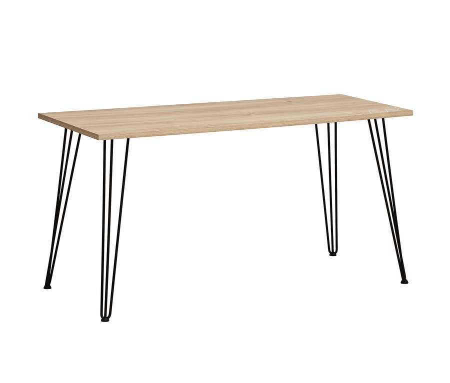 Rechteckiger Schreibtisch »Emmik« mit weisseichefarbener Tischplatte und schwarzen Metallbeinen.