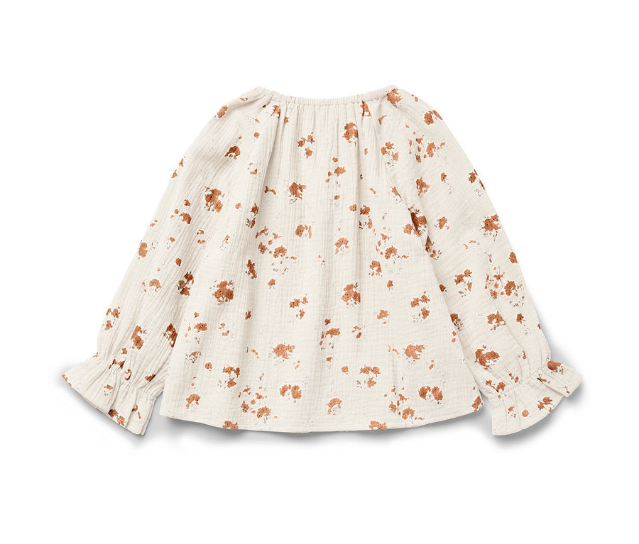 Kinder-Musselin-Bluse mit langen Ärmeln und braunem Blumendruck.