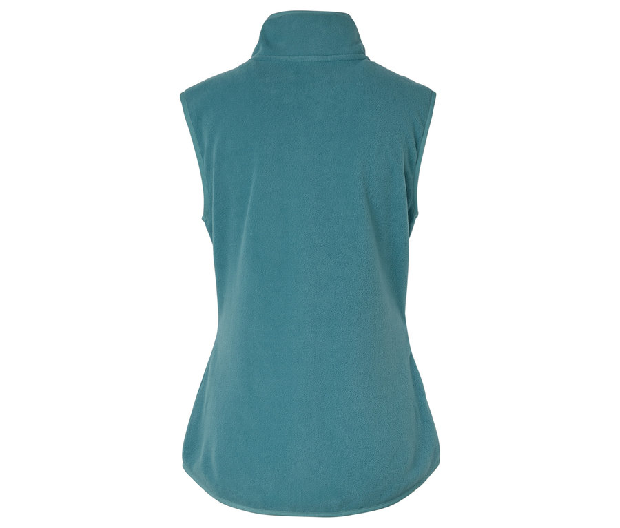 Rückansicht einer ärmellosen Fleeceweste in Blaugrün mit Reißverschlusskragen.