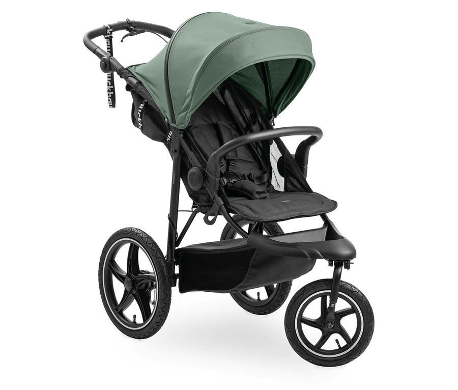 Schwarzer Kinderwagen mit grüner Haube auf weißem Hintergrund.