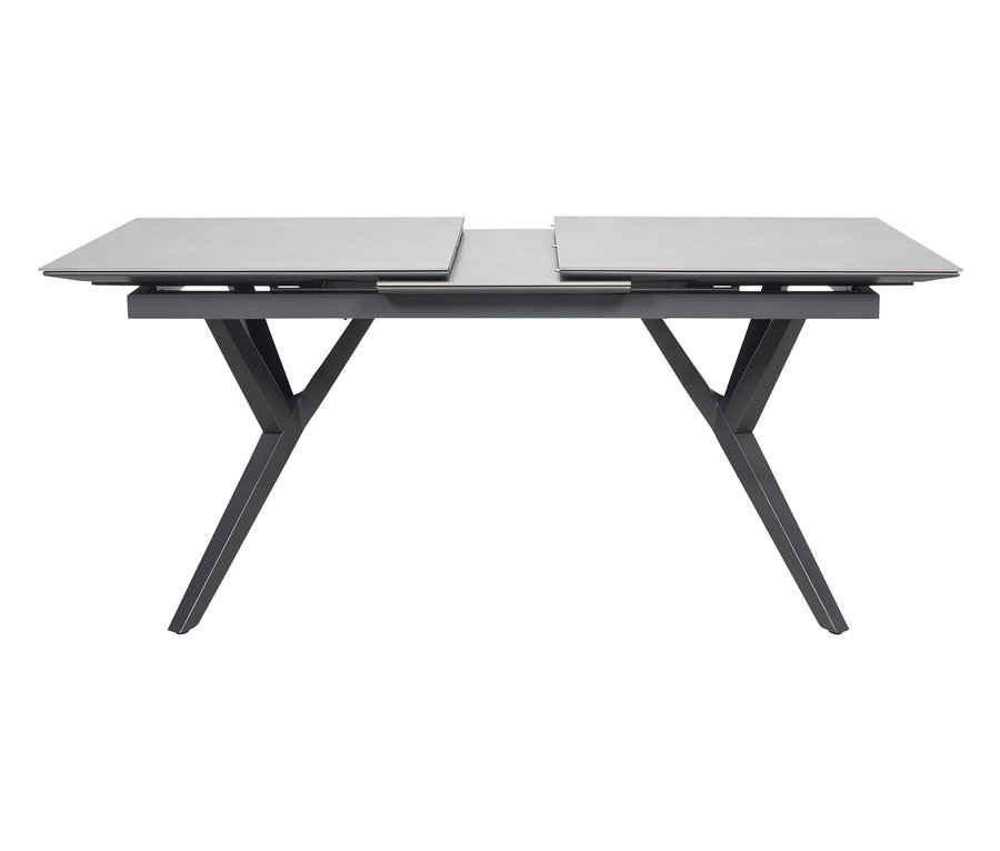 Der DeVries Ausziehtisch, 160/210, mit Gabel-Tischgestell ist teilweise ausgezogen.