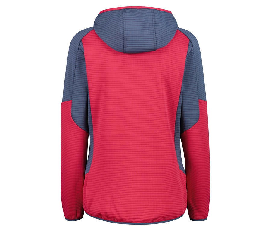 Rückansicht einer rot-blauen Kapuzenjacke.