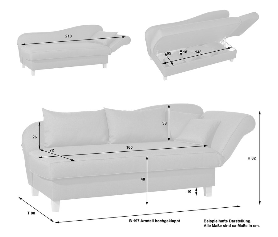 Skizze der Recamiere »Saturn« mit Stauraum, rechts, gestreift, mit Maßangaben und hochgeklapptem Armteil.