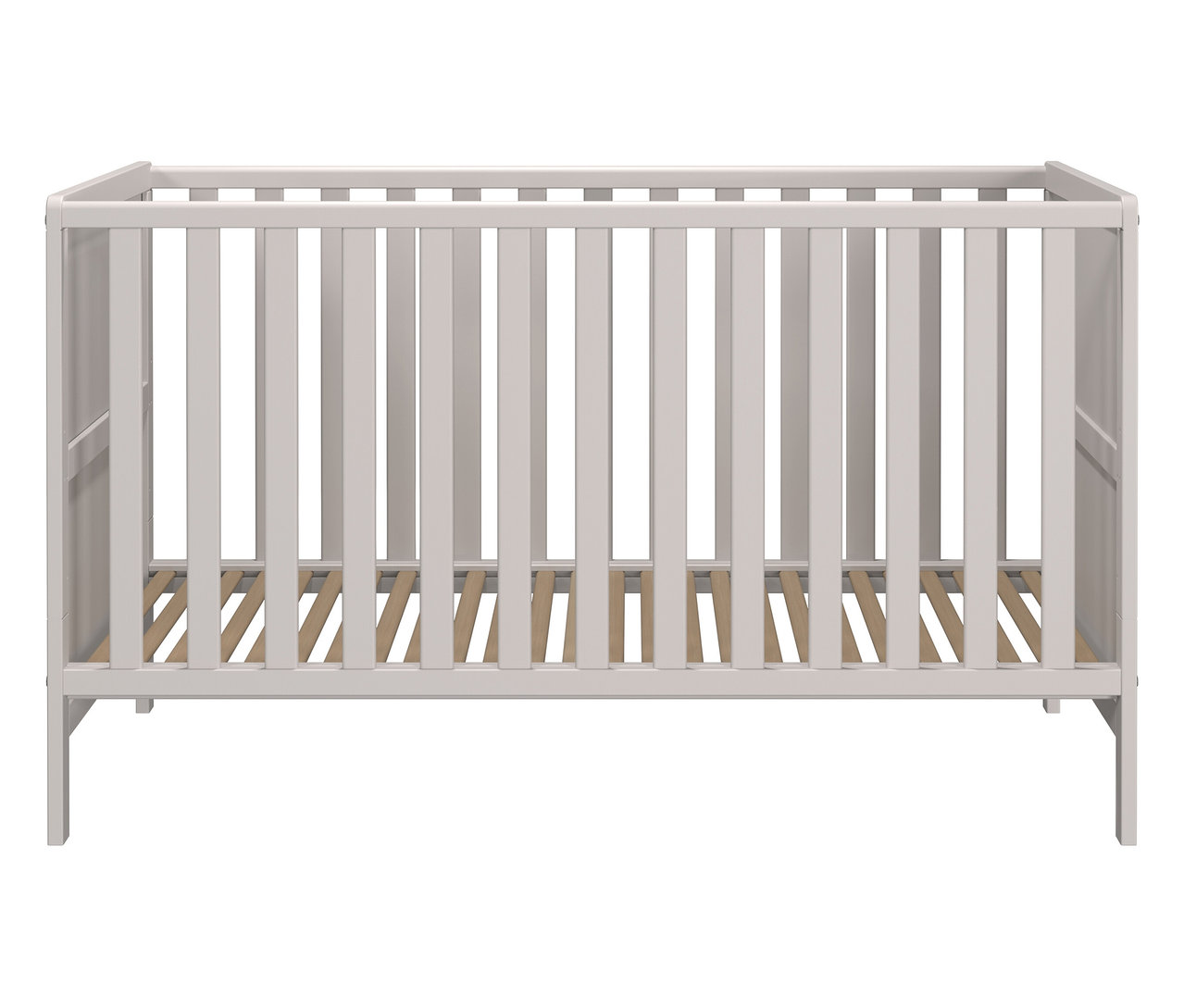 Ein graues Babybett mit Lattenrost.
