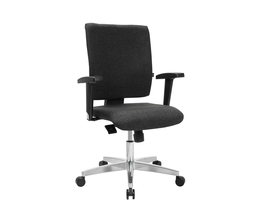 Detailaufnahme eines anthrazitfarbenen Bürostuhls »Light Star10« mit Armlehnen und Rollen.